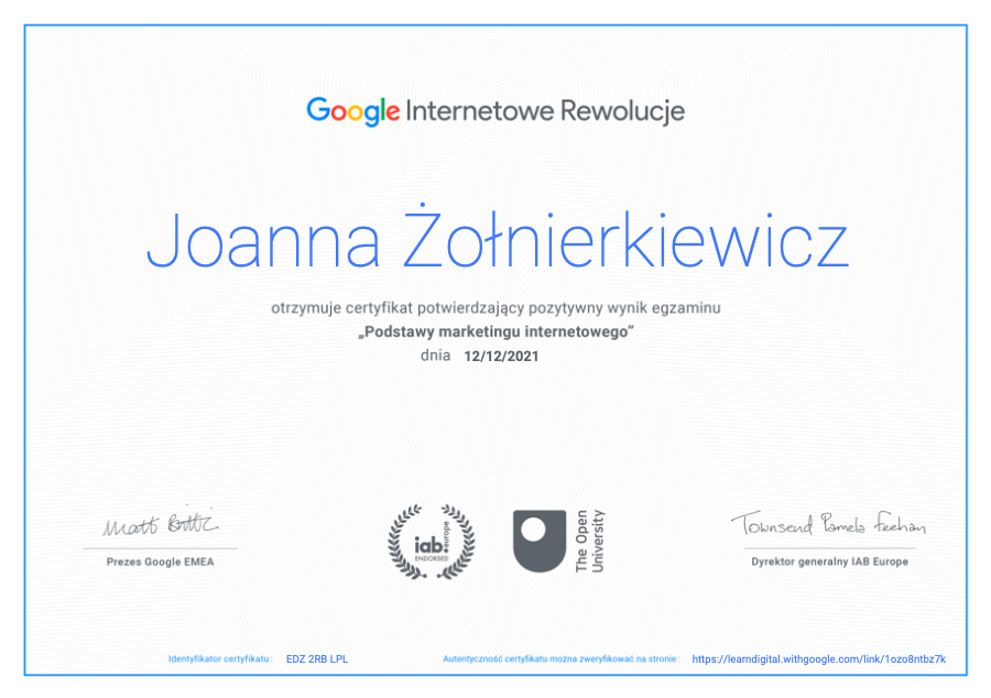 Certyfikat Google Internetowe Rewolucje Joanna Żołnierkiewicz